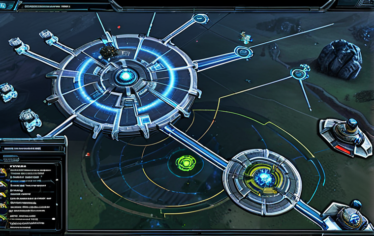 Strategic Overview**
"A holographic display showing a StarCraft II battlefield from a top-down perspective, depicting strategically positioned units on varied terrain with chokepoints and high ground advantages highlighted, fully clothed, appropriate content, professional game design illustration, perfect anatomy, natural proportions, safe for work, modest, family-friendly."
**